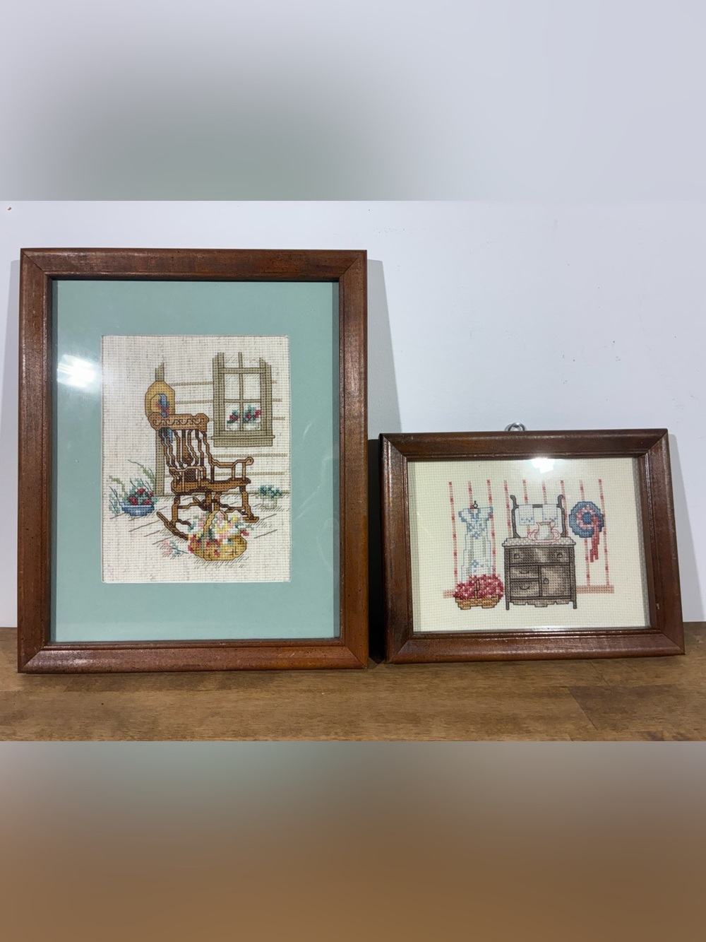 Vintage Framed Cross Stitch Pair Garden Bounty Rocking Chair Dresser 1989 1994